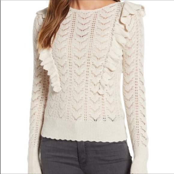 Rachel Parcell Pointelle Open Knit Ruffle Sweater Wool Alpaca Blend Size S - Picture 3 of 10